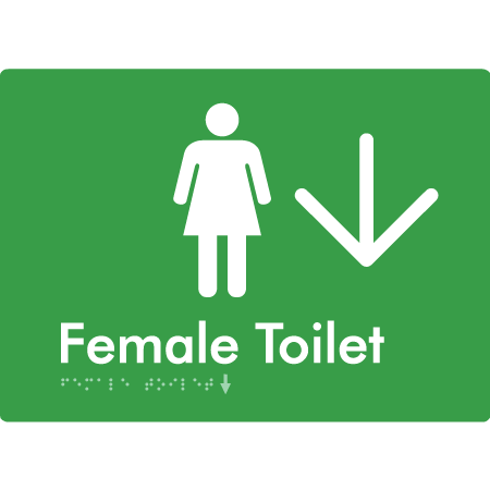 Female Toilet w/ Large Arrow - Braille Tactile Signs Aust.