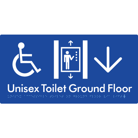 Unisex Accessible Toilet on Ground Floor Via Lift w/Large Arrow - Braille Tactile Signs Aust.