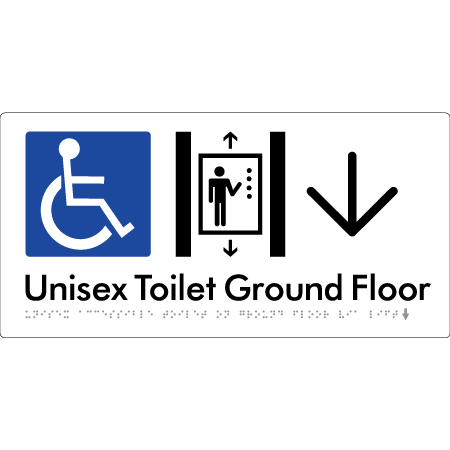 Unisex Accessible Toilet on Ground Floor Via Lift w/Large Arrow - Braille Tactile Signs Aust.