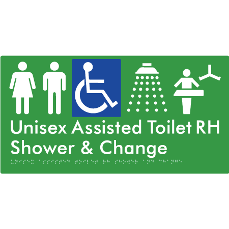 Unisex Assisted Toilet RH Shower & Change - Braille Tactile Signs Aust.