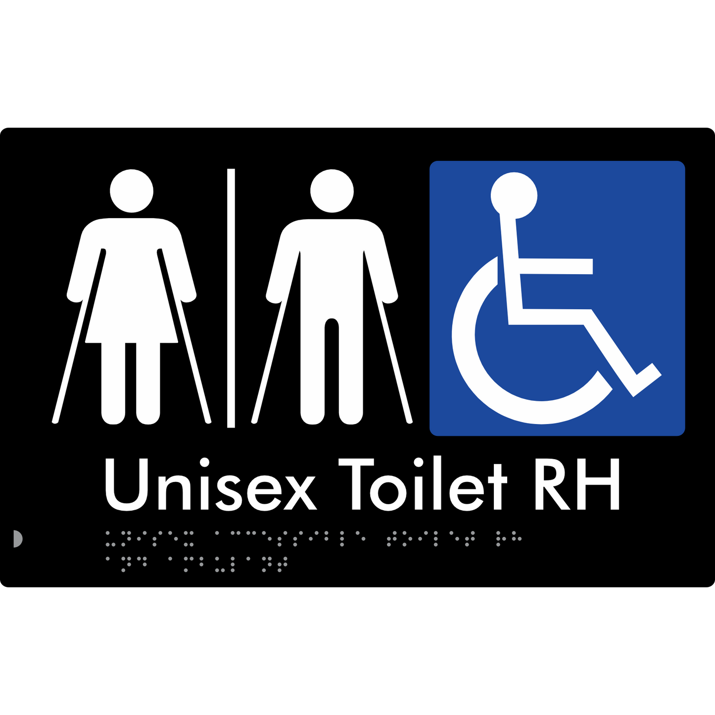 Unisex Accessible Toilet with Left (LH) or Right Hand Transfer (RH), Ambulant Cubicle and Airlock - Braille Tactile Signs Aust.