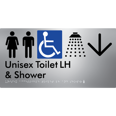 Unisex Accessible Toilet LH & Shower w/ Large Arrow: - Braille Tactile Signs Aust.
