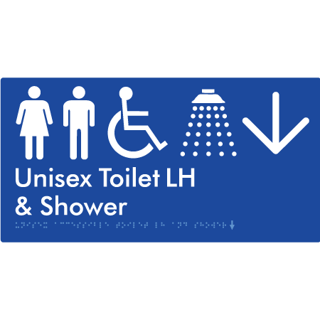Unisex Accessible Toilet LH & Shower w/ Large Arrow: - Braille Tactile Signs Aust.