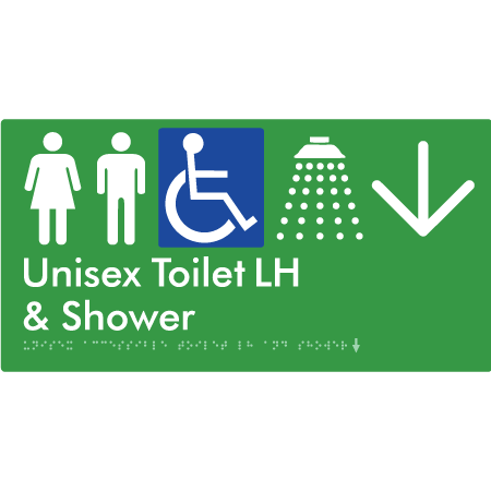 Unisex Accessible Toilet LH & Shower w/ Large Arrow: - Braille Tactile Signs Aust.