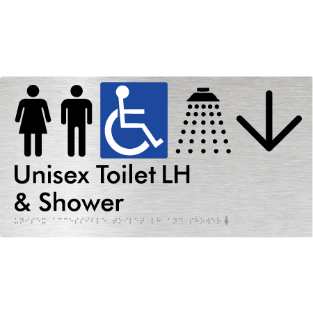 Unisex Accessible Toilet LH & Shower w/ Large Arrow: - Braille Tactile Signs Aust.