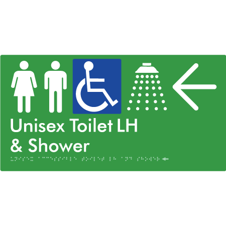 Unisex Accessible Toilet LH & Shower w/ Large Arrow: - Braille Tactile Signs Aust.