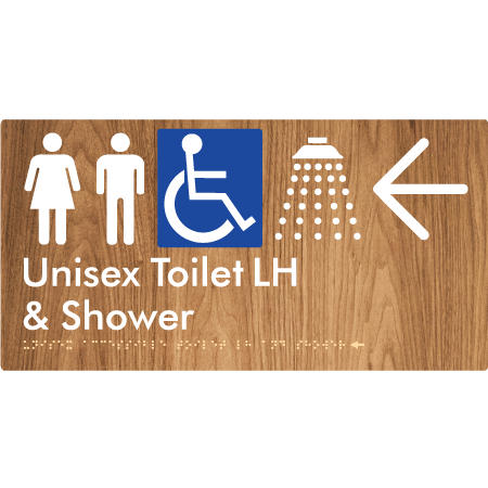 Unisex Accessible Toilet LH & Shower w/ Large Arrow: - Braille Tactile Signs Aust.