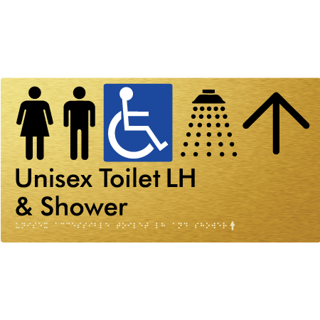 Unisex Accessible Toilet LH & Shower w/ Large Arrow: - Braille Tactile Signs Aust.