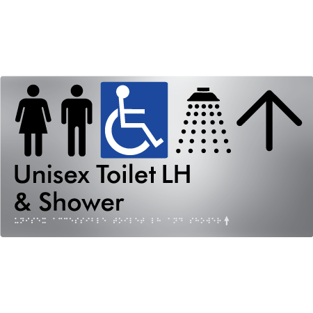Unisex Accessible Toilet LH & Shower w/ Large Arrow: - Braille Tactile Signs Aust.