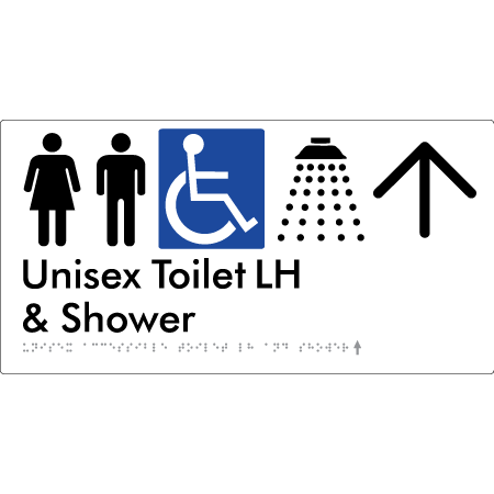 Unisex Accessible Toilet LH & Shower w/ Large Arrow: - Braille Tactile Signs Aust.
