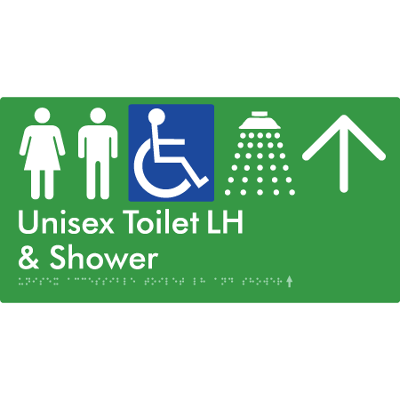 Unisex Accessible Toilet LH & Shower w/ Large Arrow: - Braille Tactile Signs Aust.