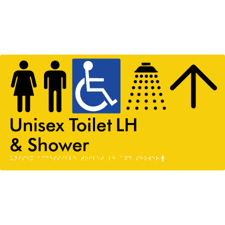 Unisex Accessible Toilet LH & Shower w/ Large Arrow: - Braille Tactile Signs Aust.
