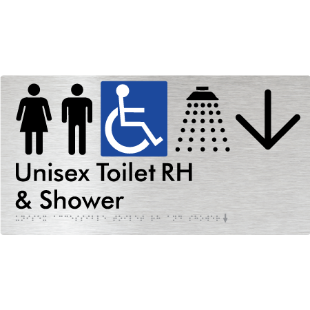 Unisex Accessible Toilet RH & Shower w/ Large Arrow: - Braille Tactile Signs Aust.