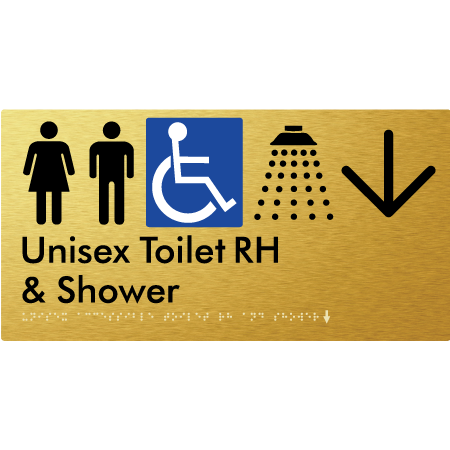 Unisex Accessible Toilet RH & Shower w/ Large Arrow: - Braille Tactile Signs Aust.