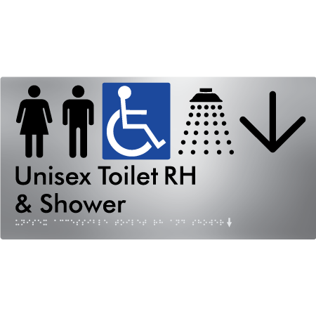 Unisex Accessible Toilet RH & Shower w/ Large Arrow: - Braille Tactile Signs Aust.
