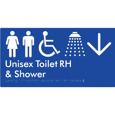 Unisex Accessible Toilet RH & Shower w/ Large Arrow: - Braille Tactile Signs Aust.
