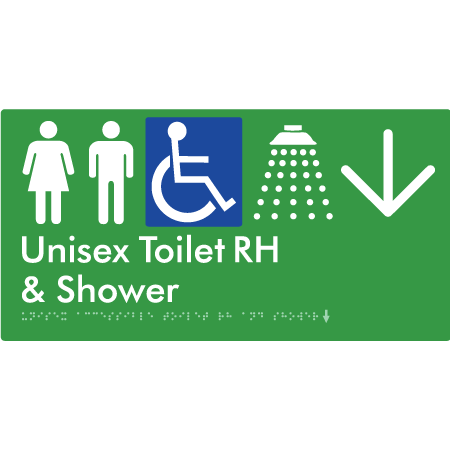 Unisex Accessible Toilet RH & Shower w/ Large Arrow: - Braille Tactile Signs Aust.