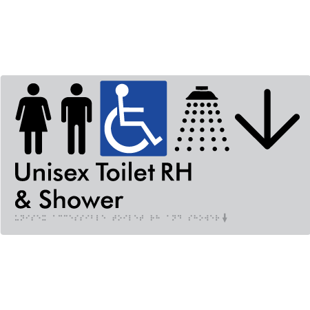 Unisex Accessible Toilet RH & Shower w/ Large Arrow: - Braille Tactile Signs Aust.