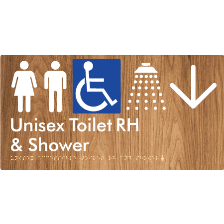 Unisex Accessible Toilet RH & Shower w/ Large Arrow: - Braille Tactile Signs Aust.