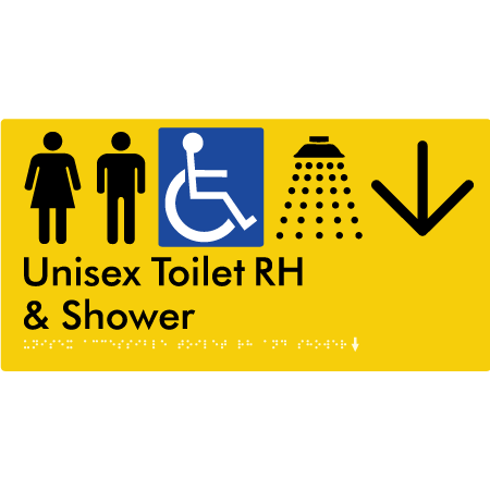 Unisex Accessible Toilet RH & Shower w/ Large Arrow: - Braille Tactile Signs Aust.