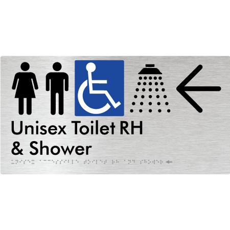 Unisex Accessible Toilet RH & Shower w/ Large Arrow: - Braille Tactile Signs Aust.