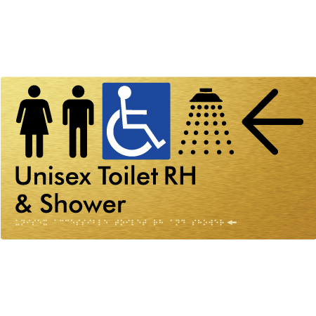 Unisex Accessible Toilet RH & Shower w/ Large Arrow: - Braille Tactile Signs Aust.