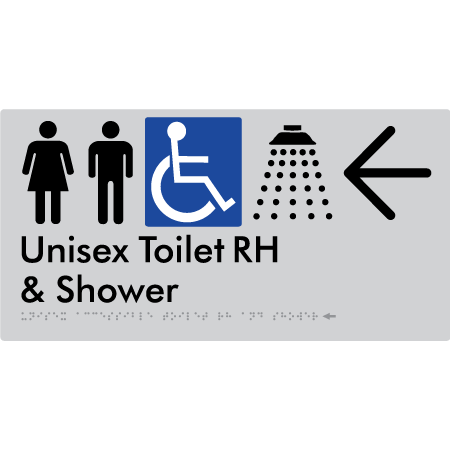 Unisex Accessible Toilet RH & Shower w/ Large Arrow: - Braille Tactile Signs Aust.