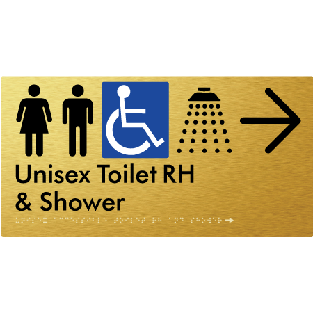 Unisex Accessible Toilet RH & Shower w/ Large Arrow: - Braille Tactile Signs Aust.