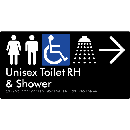 Unisex Accessible Toilet RH & Shower w/ Large Arrow: - Braille Tactile Signs Aust.