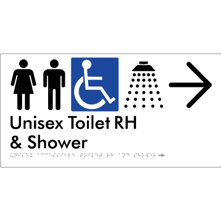 Unisex Accessible Toilet RH & Shower w/ Large Arrow: - Braille Tactile Signs Aust.