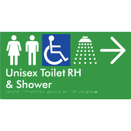 Unisex Accessible Toilet RH & Shower w/ Large Arrow: - Braille Tactile Signs Aust.