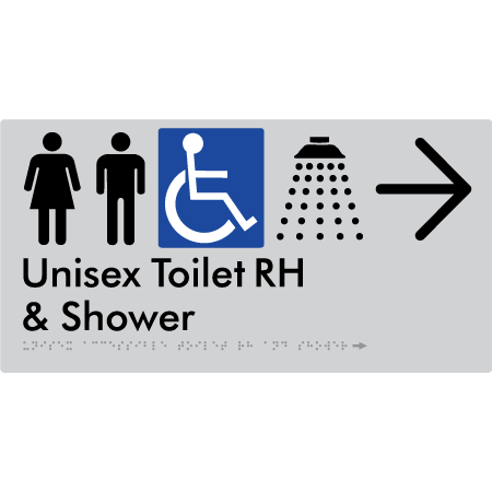 Unisex Accessible Toilet RH & Shower w/ Large Arrow: - Braille Tactile Signs Aust.