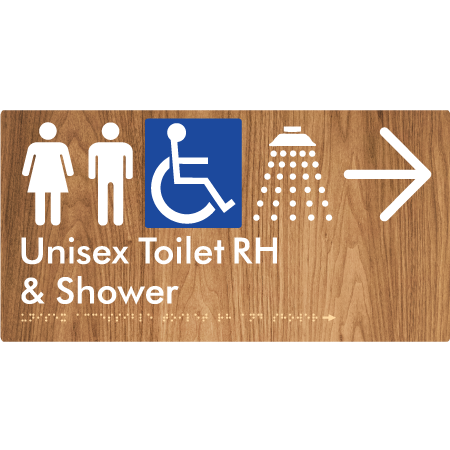Unisex Accessible Toilet RH & Shower w/ Large Arrow: - Braille Tactile Signs Aust.