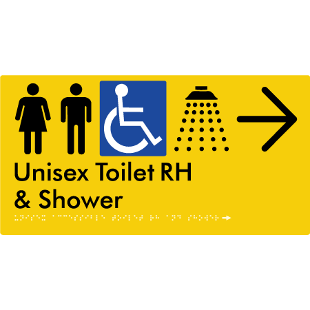 Unisex Accessible Toilet RH & Shower w/ Large Arrow: - Braille Tactile Signs Aust.