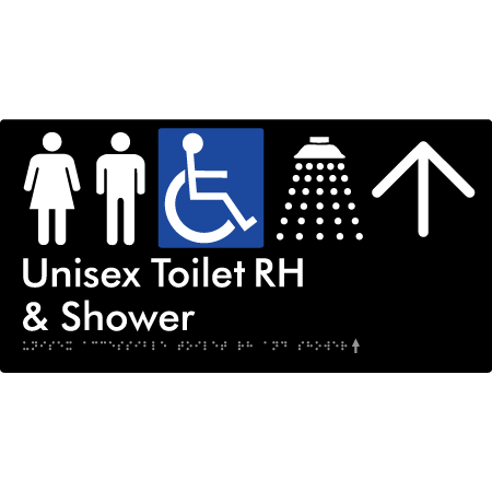 Unisex Accessible Toilet RH & Shower w/ Large Arrow: - Braille Tactile Signs Aust.