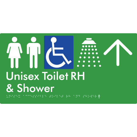 Unisex Accessible Toilet RH & Shower w/ Large Arrow: - Braille Tactile Signs Aust.