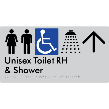Unisex Accessible Toilet RH & Shower w/ Large Arrow: - Braille Tactile Signs Aust.