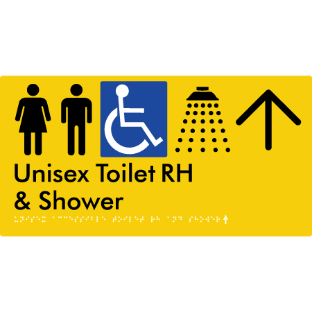Unisex Accessible Toilet RH & Shower w/ Large Arrow: - Braille Tactile Signs Aust.