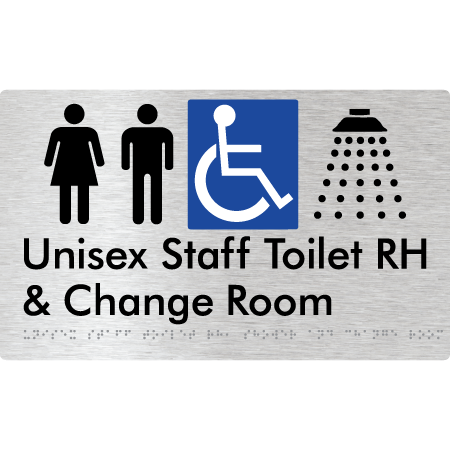 Unisex Staff Accessible Toilet with Left (LH) or Right Hand Transfer (RH), Shower & Change Room - Braille Tactile Signs Aust.