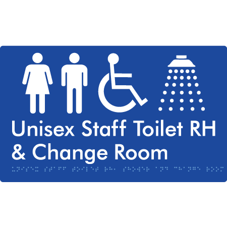 Unisex Staff Accessible Toilet with Left (LH) or Right Hand Transfer (RH), Shower & Change Room - Braille Tactile Signs Aust.