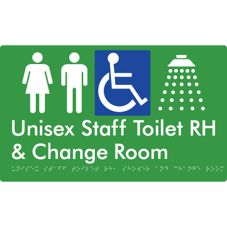 Unisex Staff Accessible Toilet with Left (LH) or Right Hand Transfer (RH), Shower & Change Room - Braille Tactile Signs Aust.