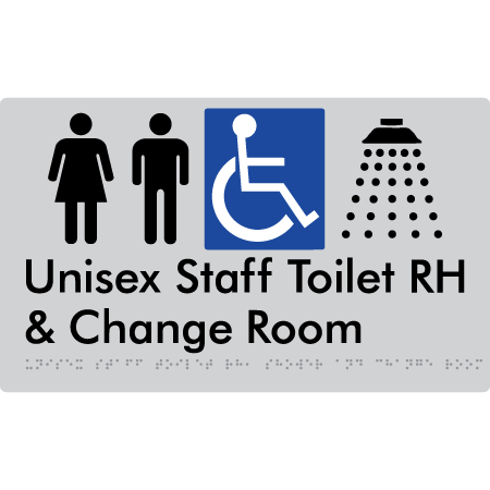 Unisex Staff Accessible Toilet with Left (LH) or Right Hand Transfer (RH), Shower & Change Room - Braille Tactile Signs Aust.