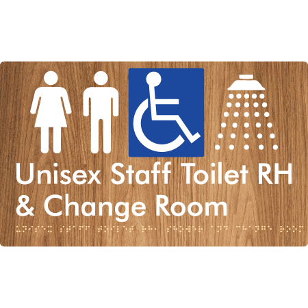 Unisex Staff Accessible Toilet with Left (LH) or Right Hand Transfer (RH), Shower & Change Room - Braille Tactile Signs Aust.