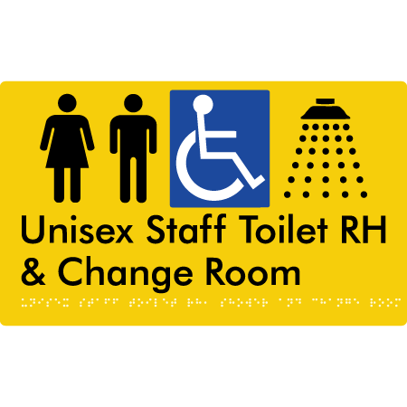 Unisex Staff Accessible Toilet with Left (LH) or Right Hand Transfer (RH), Shower & Change Room - Braille Tactile Signs Aust.