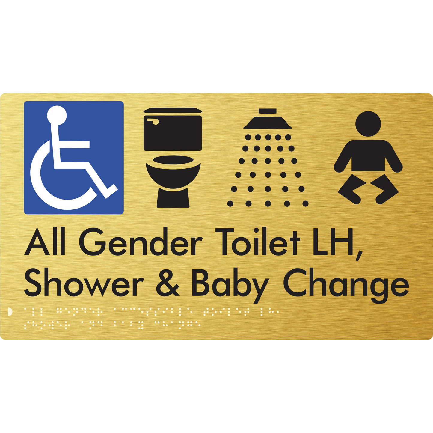All Gender Accessible Toilet LH / Shower / Baby Change - Braille Tactile Signs Aust.