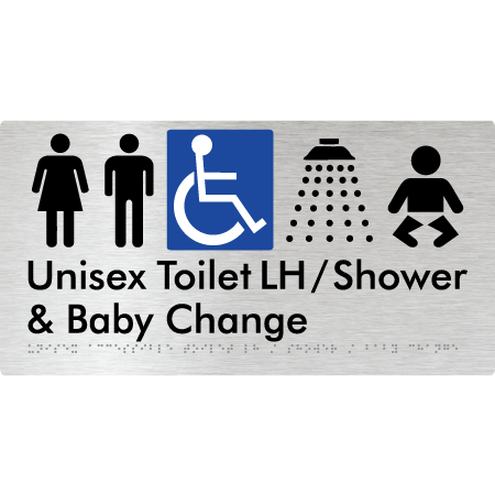 Unisex Accessible Toilet LH / Shower / Baby Change - Braille Tactile Signs Aust.