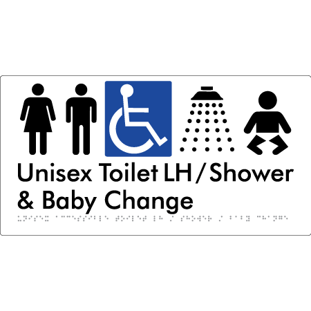 Unisex Accessible Toilet LH / Shower / Baby Change - Braille Tactile Signs Aust.