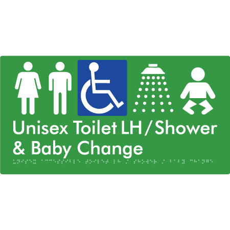 Unisex Accessible Toilet LH / Shower / Baby Change - Braille Tactile Signs Aust.