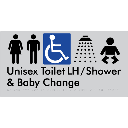 Unisex Accessible Toilet LH / Shower / Baby Change - Braille Tactile Signs Aust.