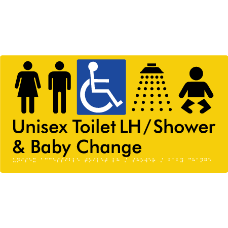 Unisex Accessible Toilet LH / Shower / Baby Change - Braille Tactile Signs Aust.